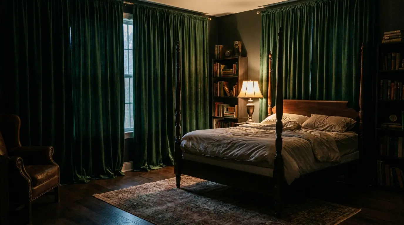 deep forest green velvet curtains with dim evening light dark walnut furniture and warm bedside lamp