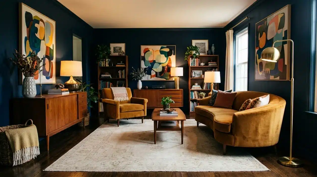 deep navy walls with ochre upholstery in a moody eclectic living room