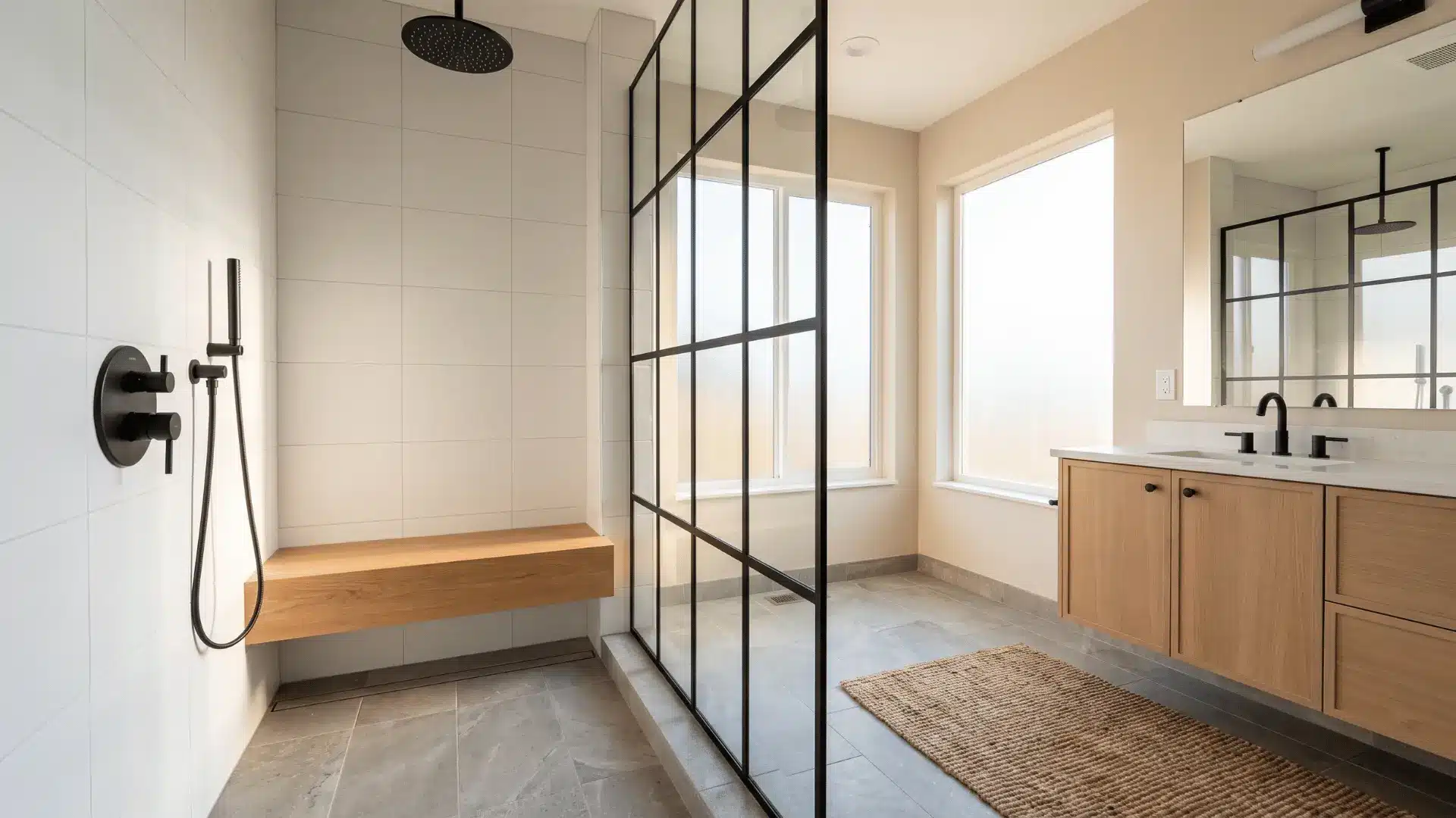 doorless shower with black grid panel, wood bench, and black fixtures