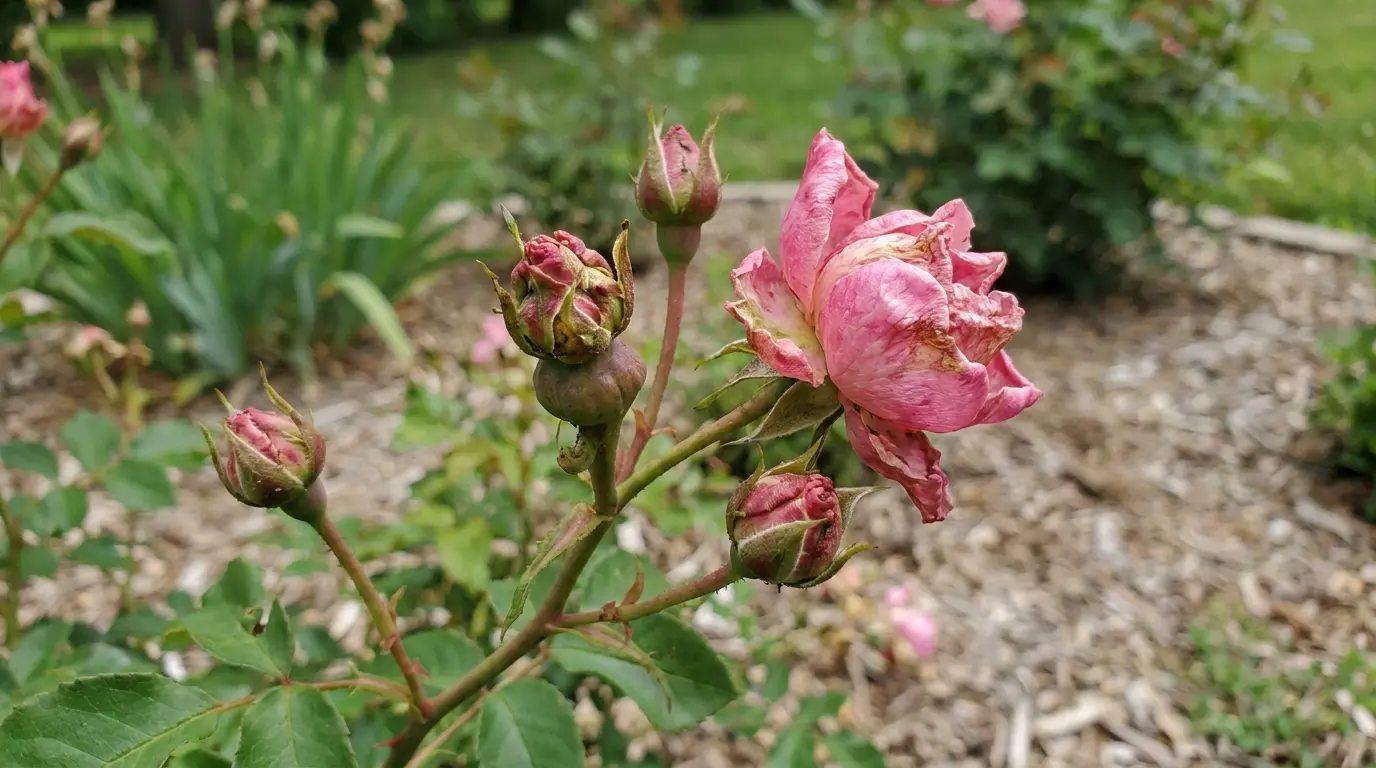 deformed rose buds and twisted flowers on diseased rose stem