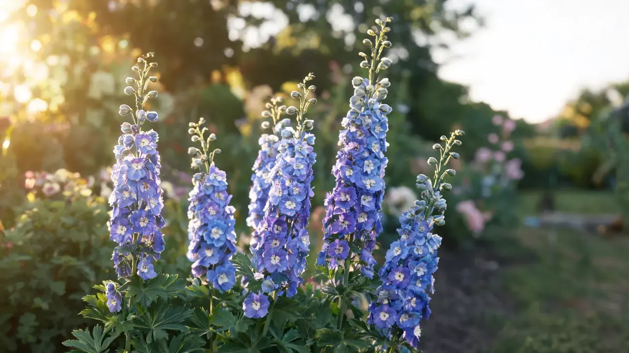 delphinium and larkspur with tall blue violet flower spikes rising naturally from a cottage garden border