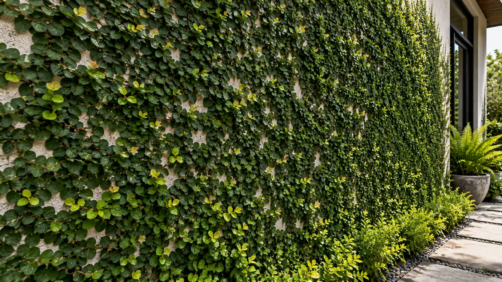dense creeping fig vines covering a modern garden wall with tiny green leaves and climbing grow