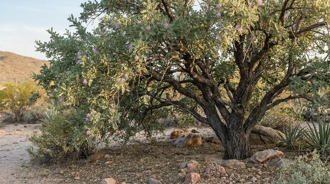 desert ironwood with rugged branches thick gray green leaves and sheltering shade in rocky desert