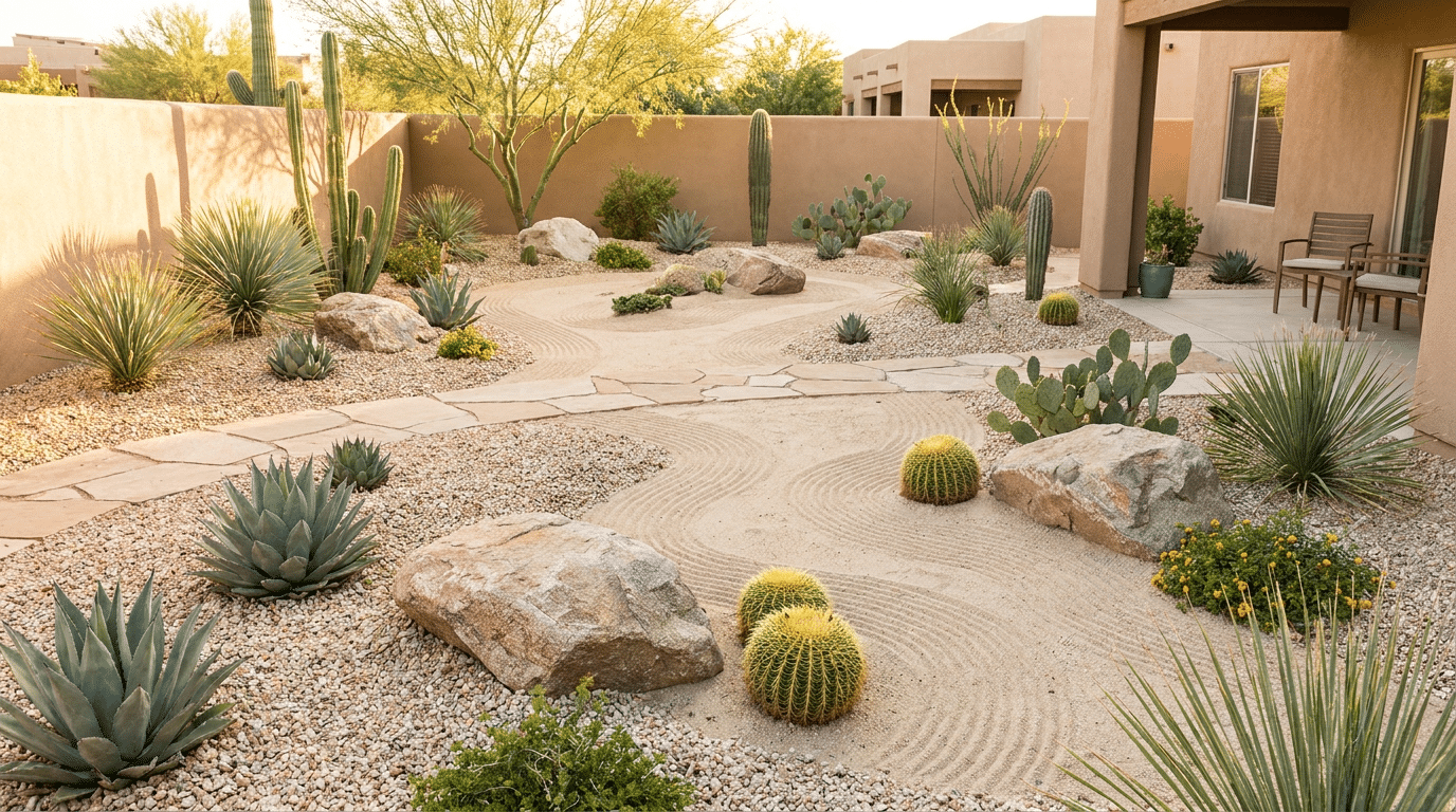 desert style zen garden ideas with gravel, boulders, low water plants, and a calm sunny backyard