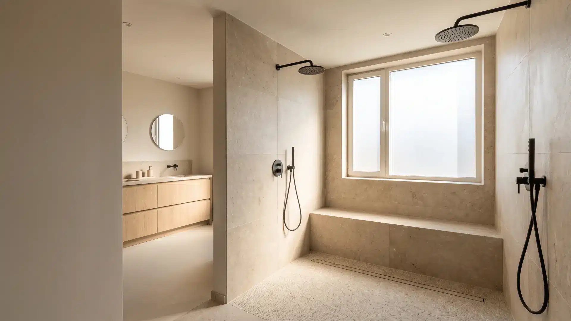 double doorless shower with two showerheads and open center entry