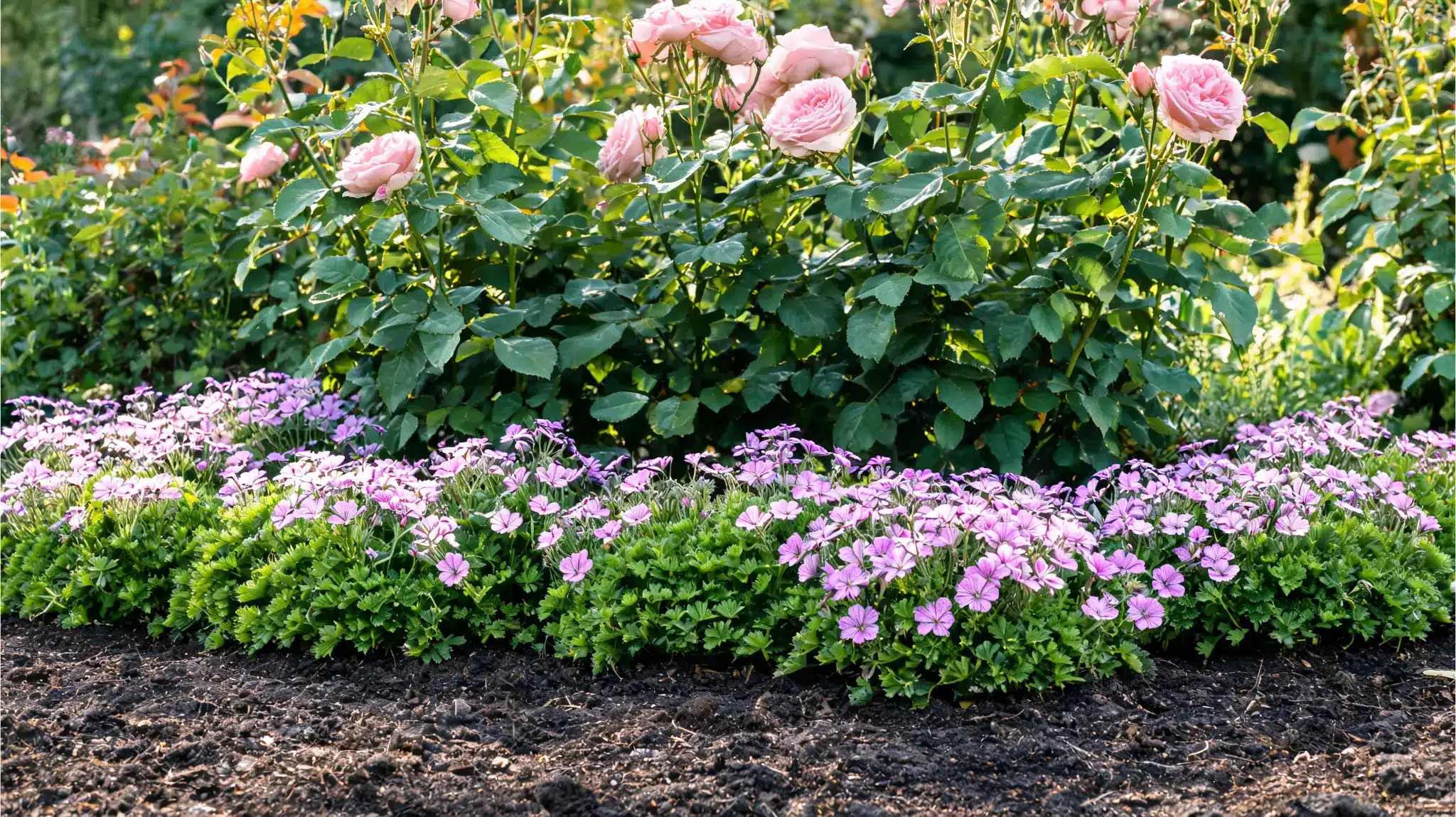 dianthus growing near roses in a sunny flower bed