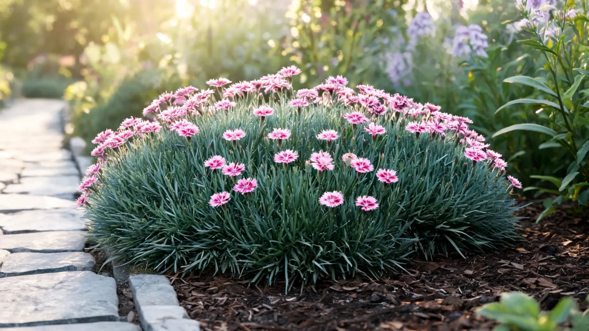 dianthus flowers with fringed pink petals rising above narrow blue green grass like border foliage