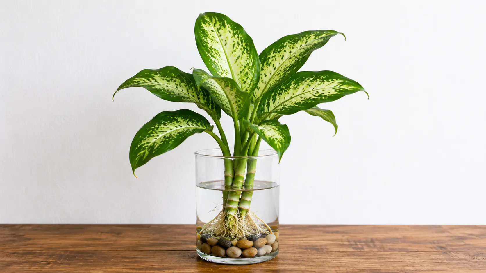 dieffenbachia with broad speckled leaves growing in water above pebbles in a clear glass jar