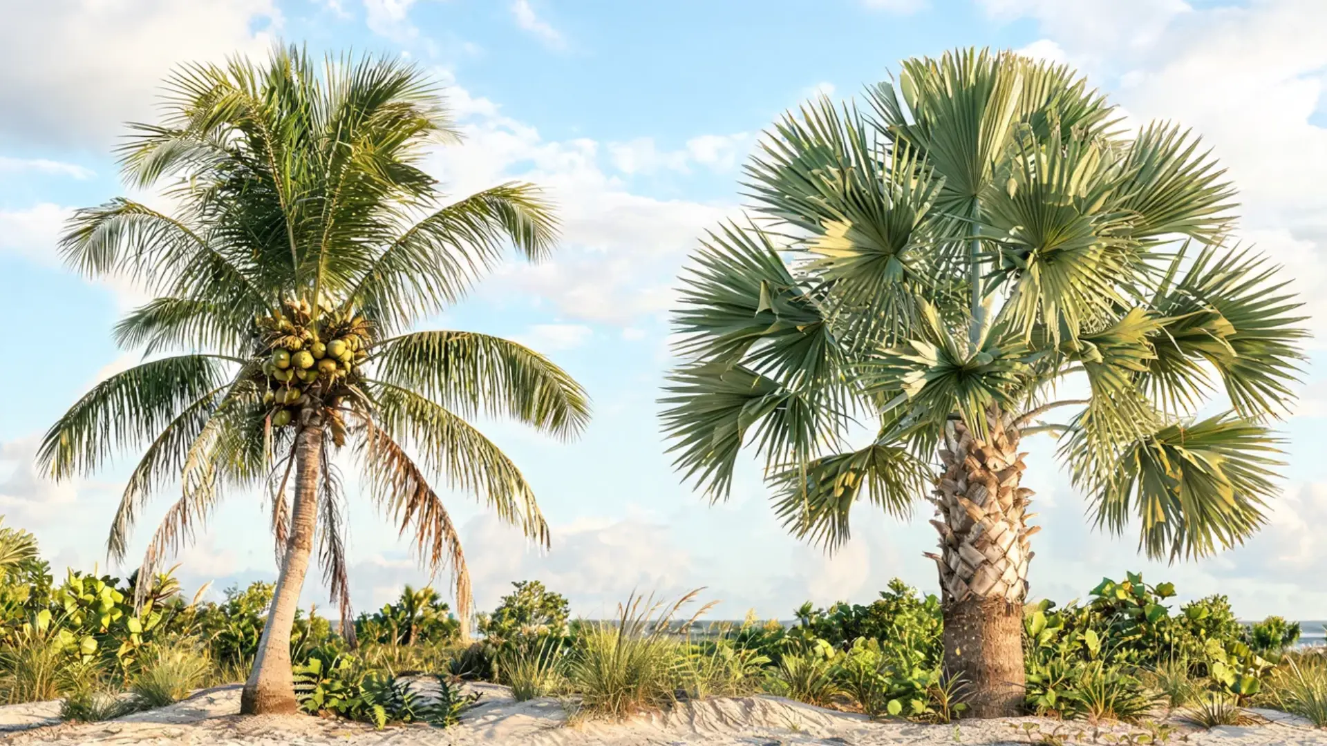coconut palm growing beside a fan leaved palm tree showing clear differences in frond and trunk shape