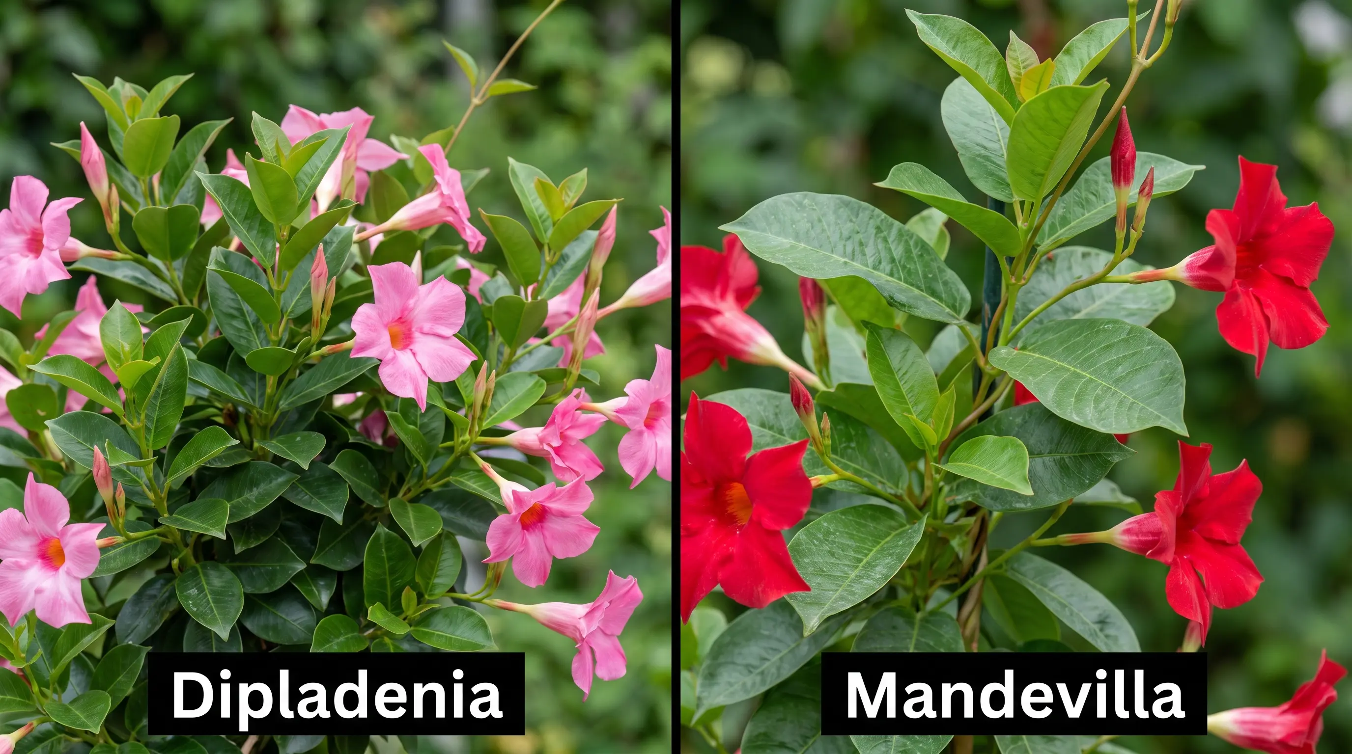 side-by-side comparison of compact dipladenia and climbing mandevilla vine on a trellis