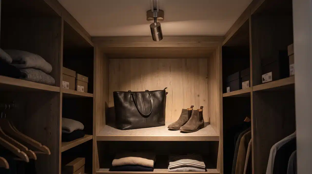 directional ceiling spotlight illuminating a handbag and boots in a closet display