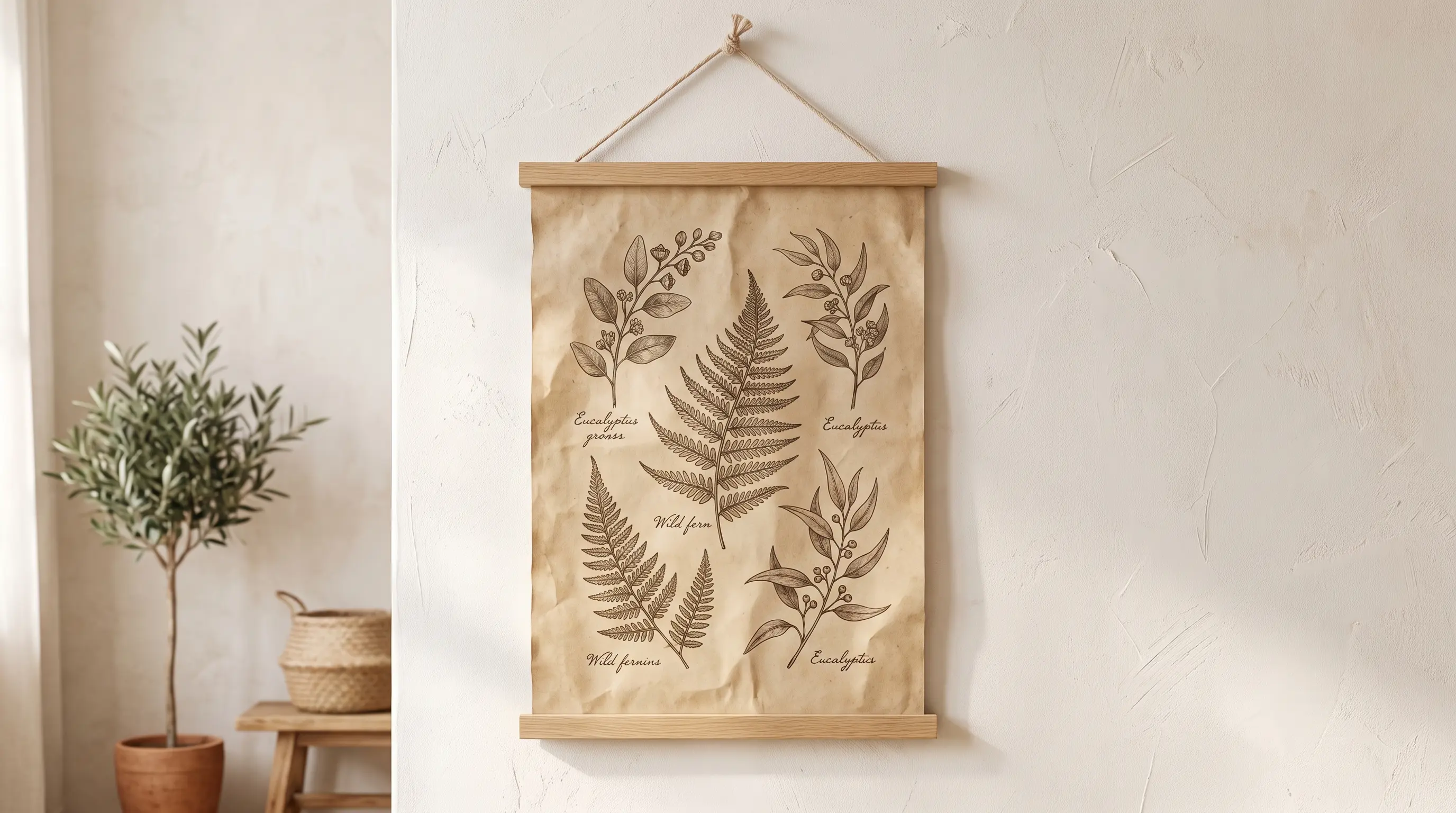 painted flowers and leaves on dark poster board hung on the wall using a wooden dowel and string