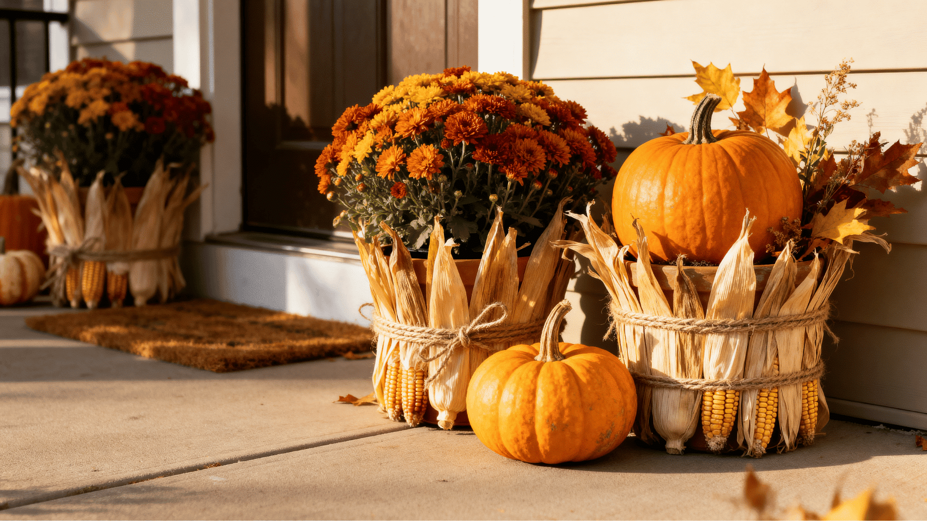diy corn husk wrapped flower pots with pumpkins and mums decorating a cozy farmhouse style fall porch.