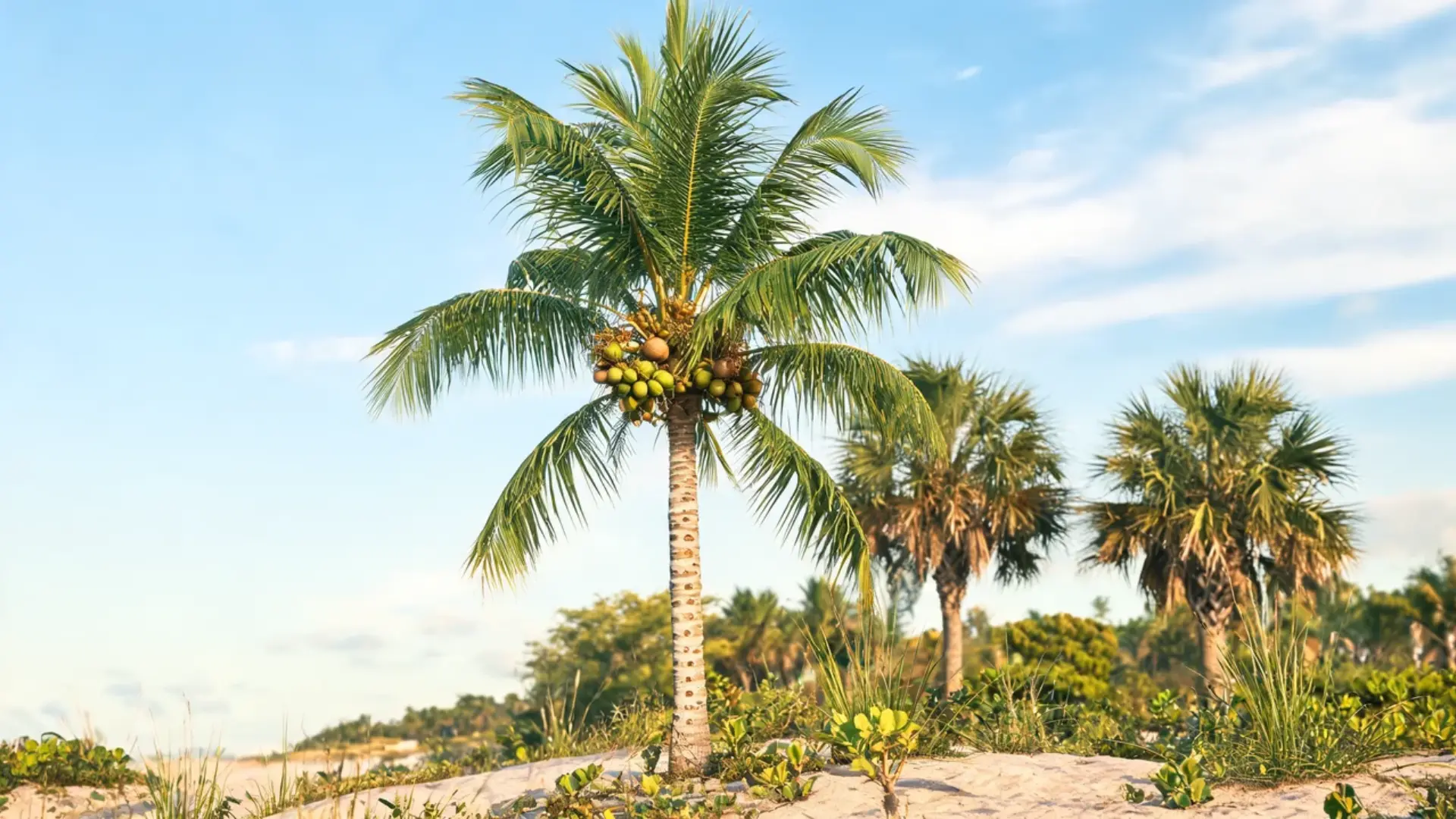 tall coconut palm with clusters of green coconuts growing beneath its long feather shaped fronds