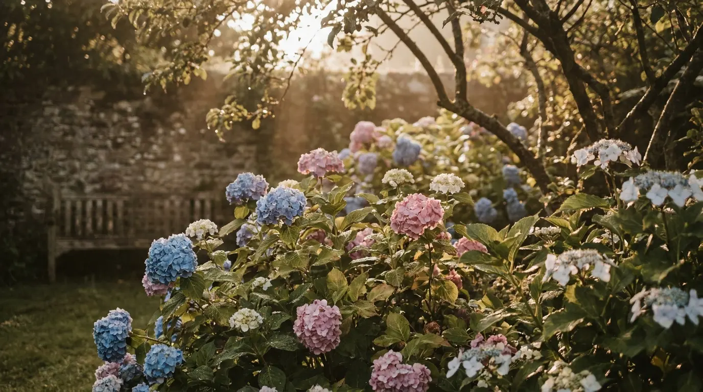hydrangeas growing in partial sun with soft morning light and healthy blooms in a quiet garden bed