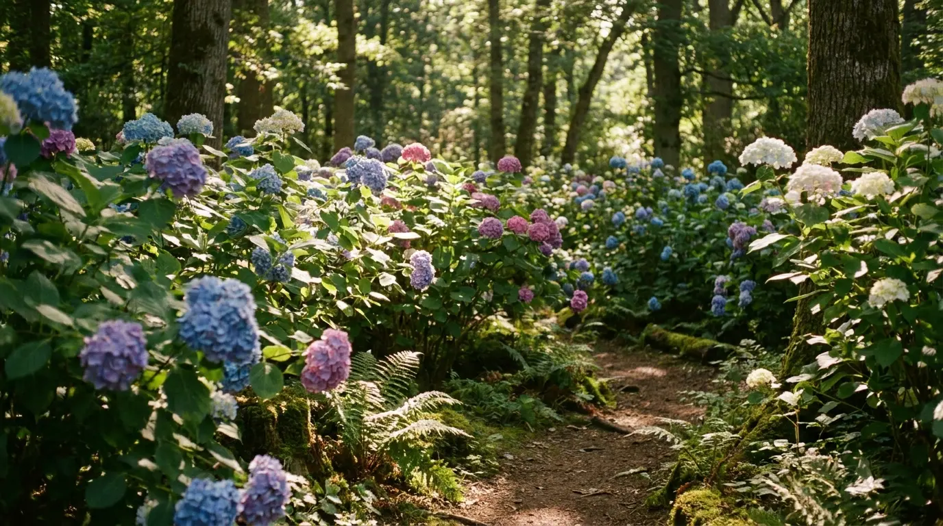 hydrangeas in partial shade with filtered light under trees and fresh flowers in a garden border