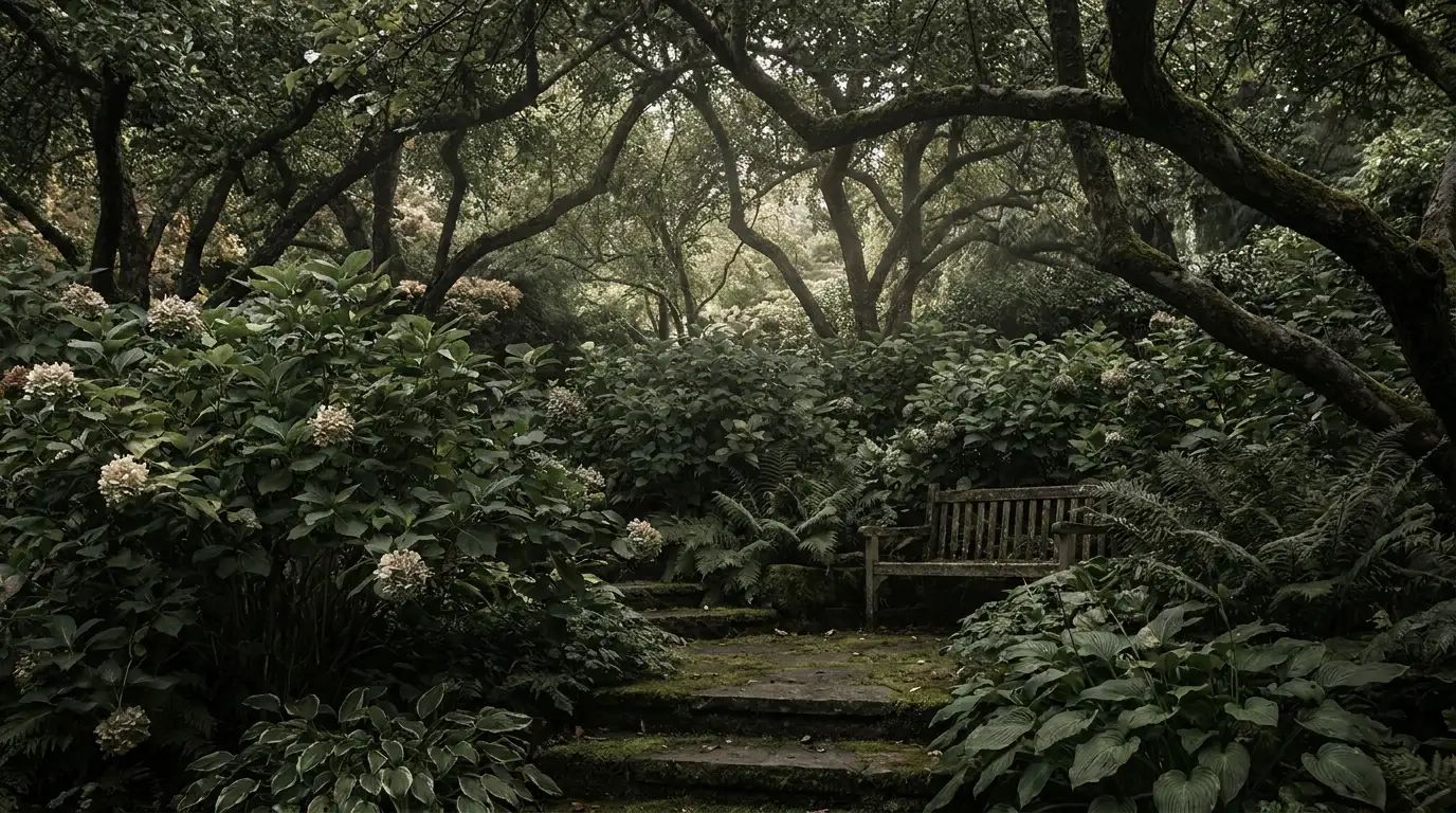 hydrangea plant growing in full shade with green leaves and soft indirect light in a quiet garden corner