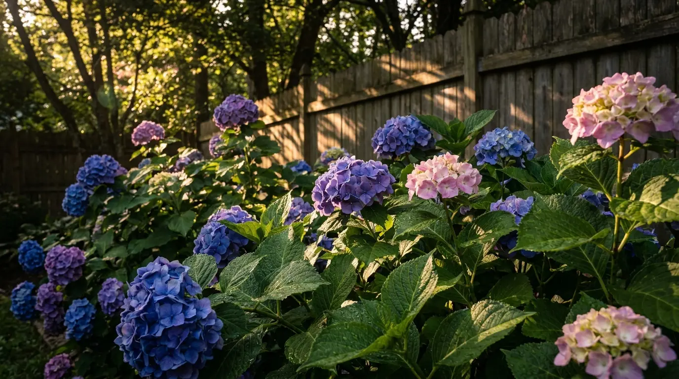 bigleaf hydrangeas with blue and pink blooms growing in soft filtered light near a shaded garden bed