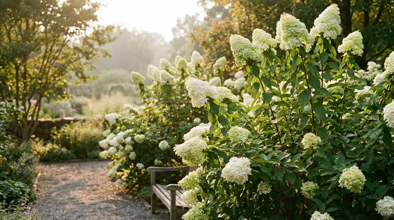 panicle hydrangeas with white cone blooms growing in a sunny open garden with healthy green leaves