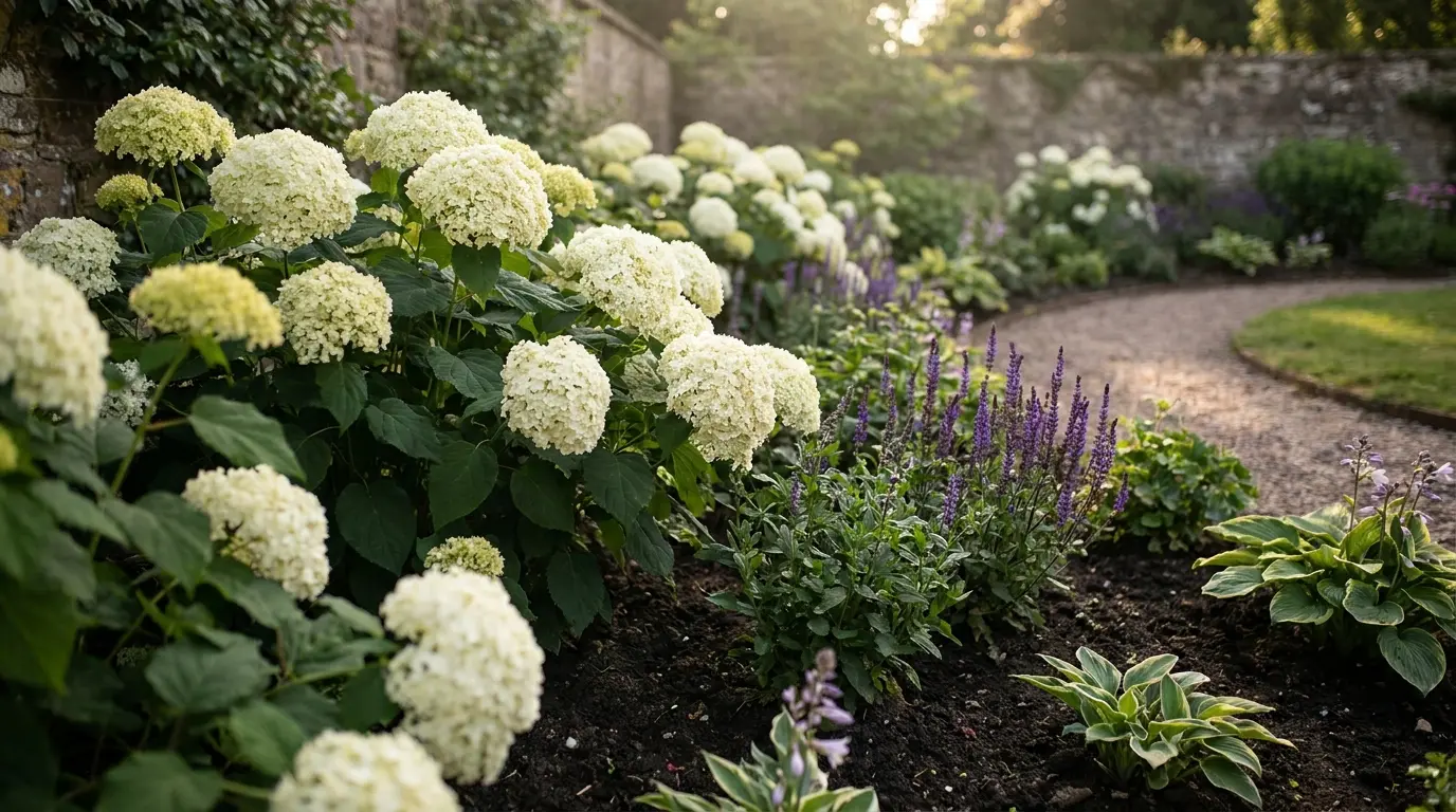 smooth hydrangeas with round white blooms growing in balanced light beside a mixed garden border