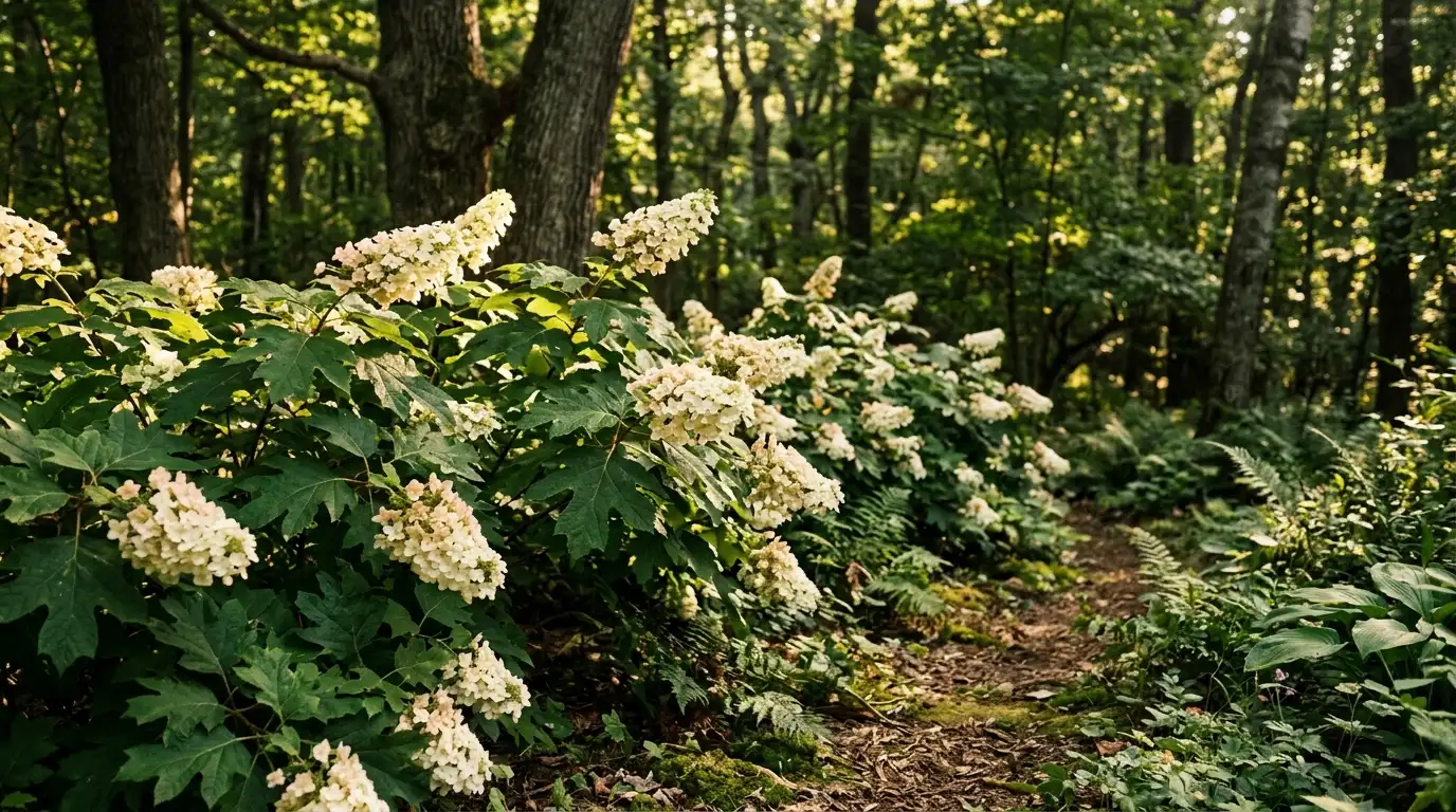 oakleaf hydrangeas with large leaves and creamy blooms growing near a lightly shaded woodland edge