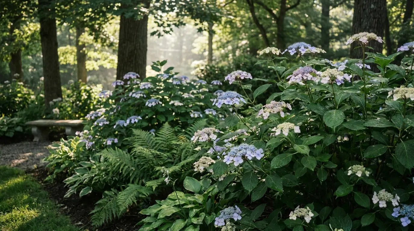 mountain hydrangeas with lacecap flowers growing in filtered light within a calm layered garden bed