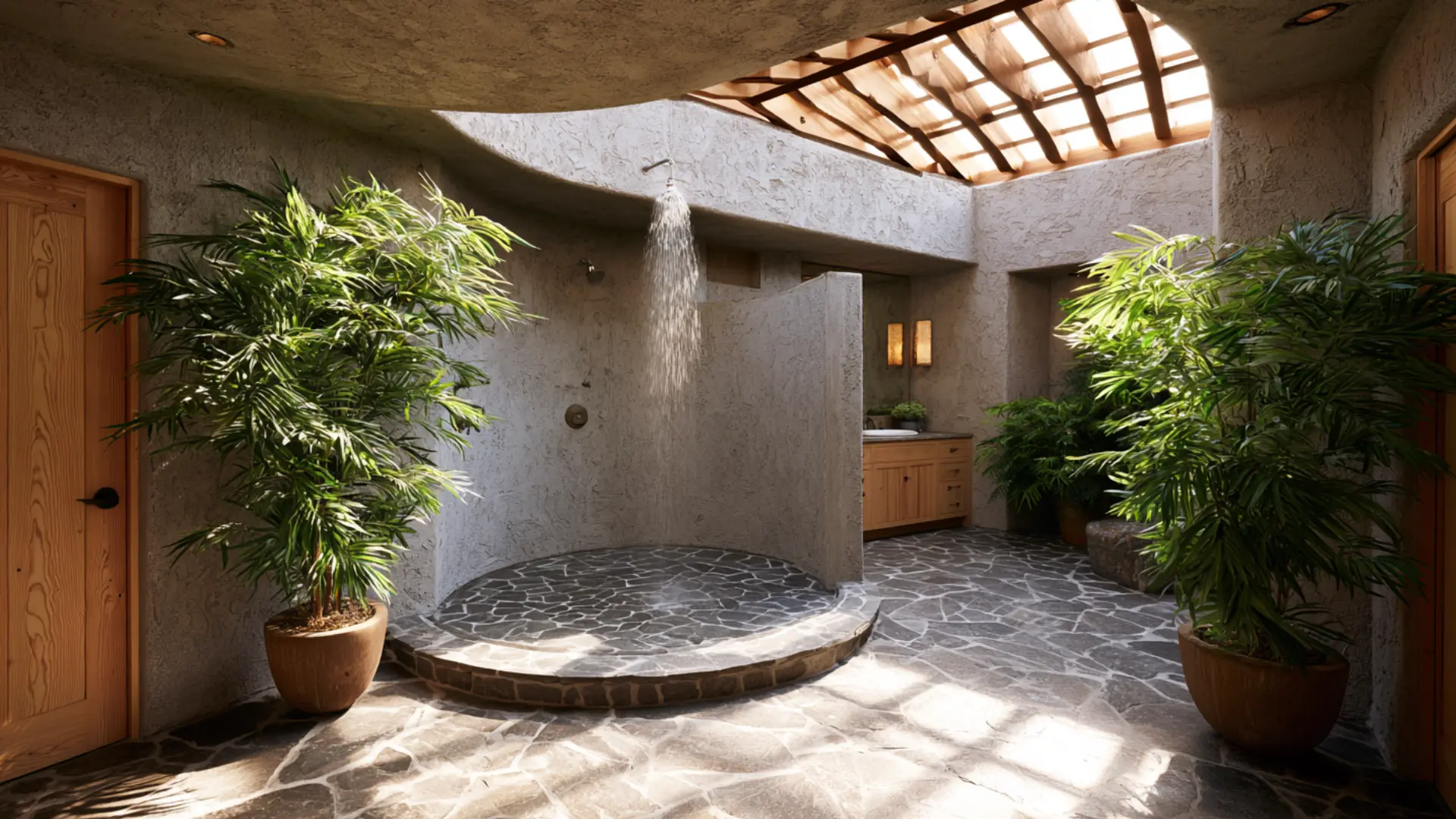 open doorless shower conversion creating a spacious modern bathroom layout