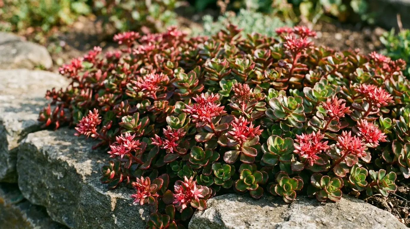 dragon's blood sedum with red-edged leaves and pink blooms spreading beside weathered garden stones