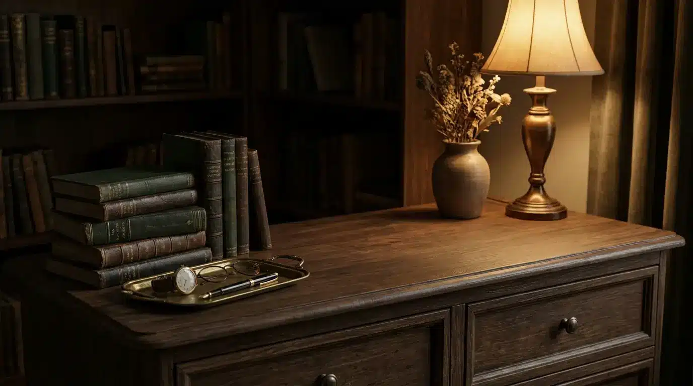 dresser styled with stacked books tray vase and warm lamp in a moody bedroom setting