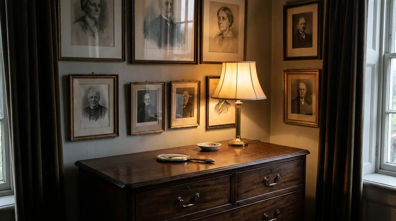 dresser wall with old portraits dark frames warm lamp mirror and quiet vintage mood