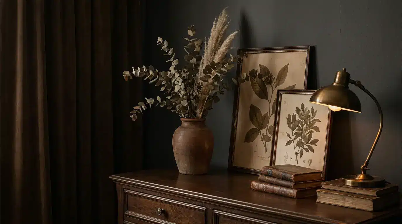 dried botanical corner with clay vase old books charcoal wall and dark wood furniture