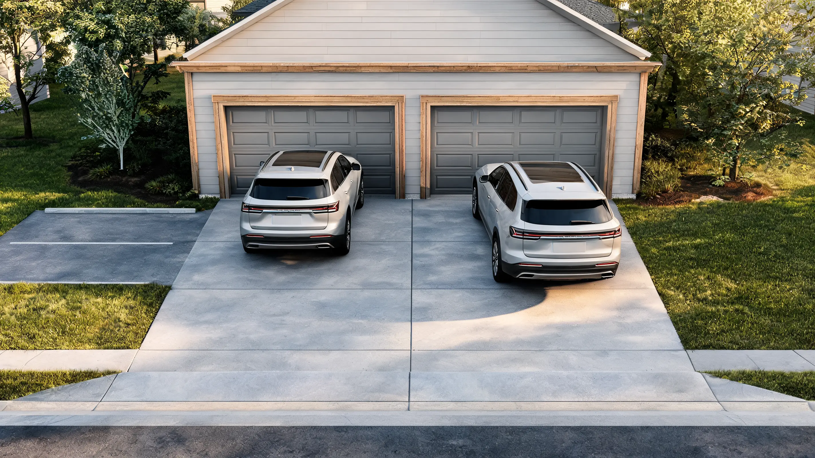 two white suvs parked on a wide concrete driveway before a detached garage with two gray doors