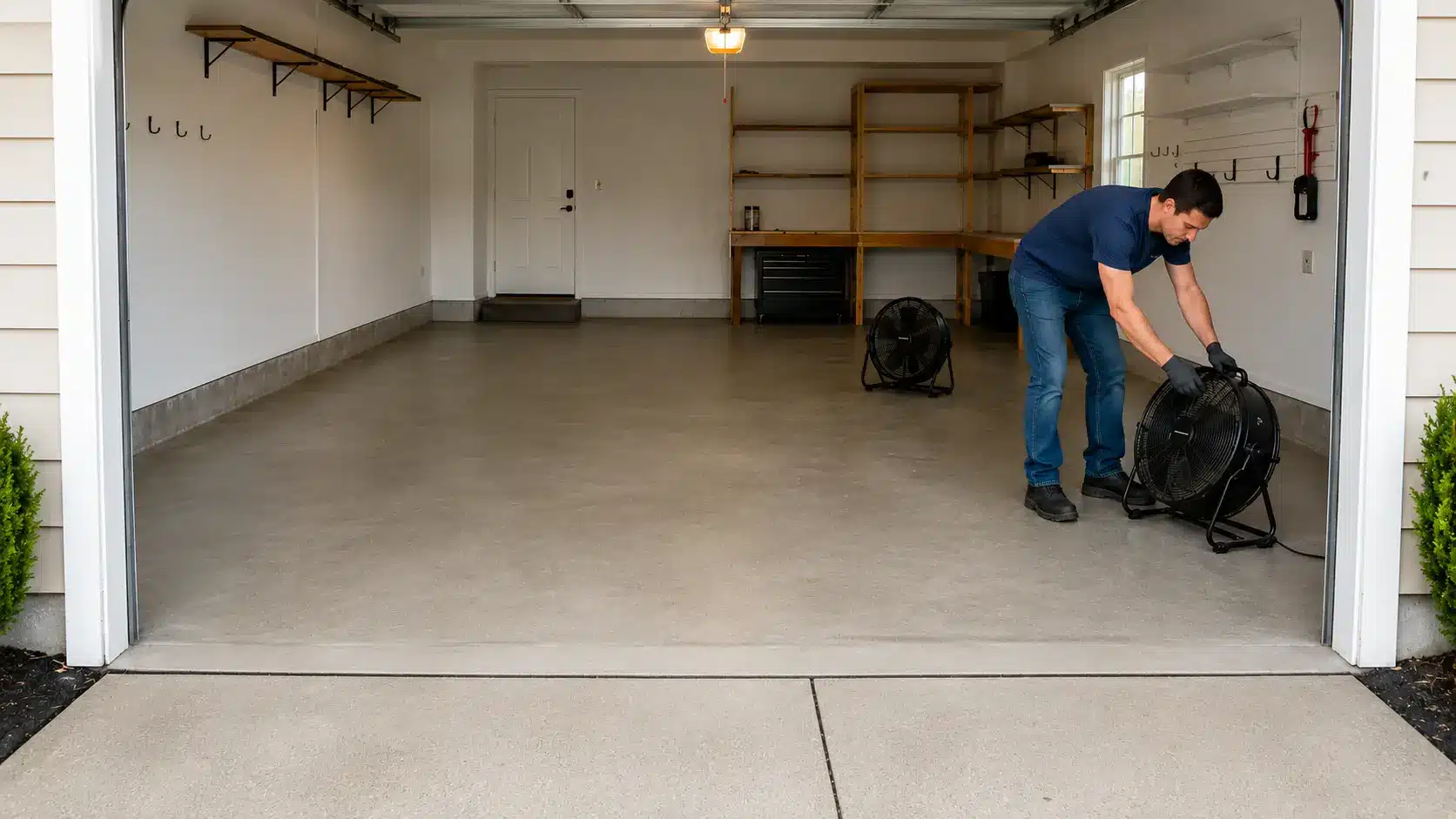 man aiming two floor fans across a freshly cleaned garage floor to speed up drying