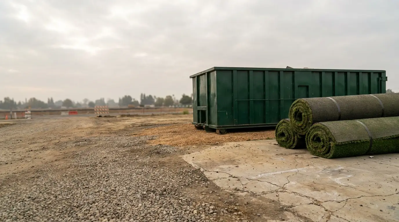 Rolls of artificial turf beside large green container on construction site under overcast sky
