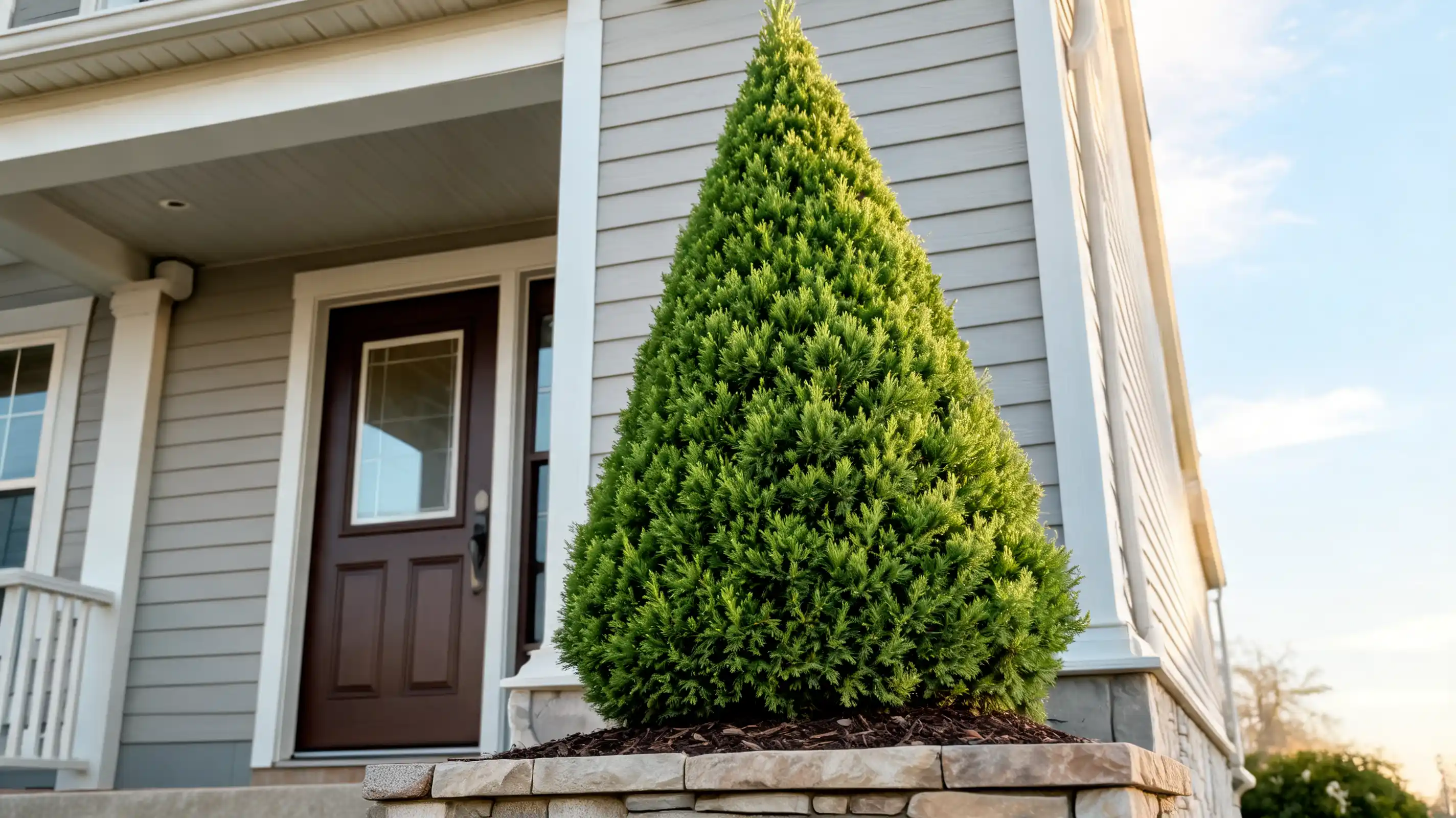 compact dwarf alberta spruce with bright green needles and a dense cone shape beside a home entrance
