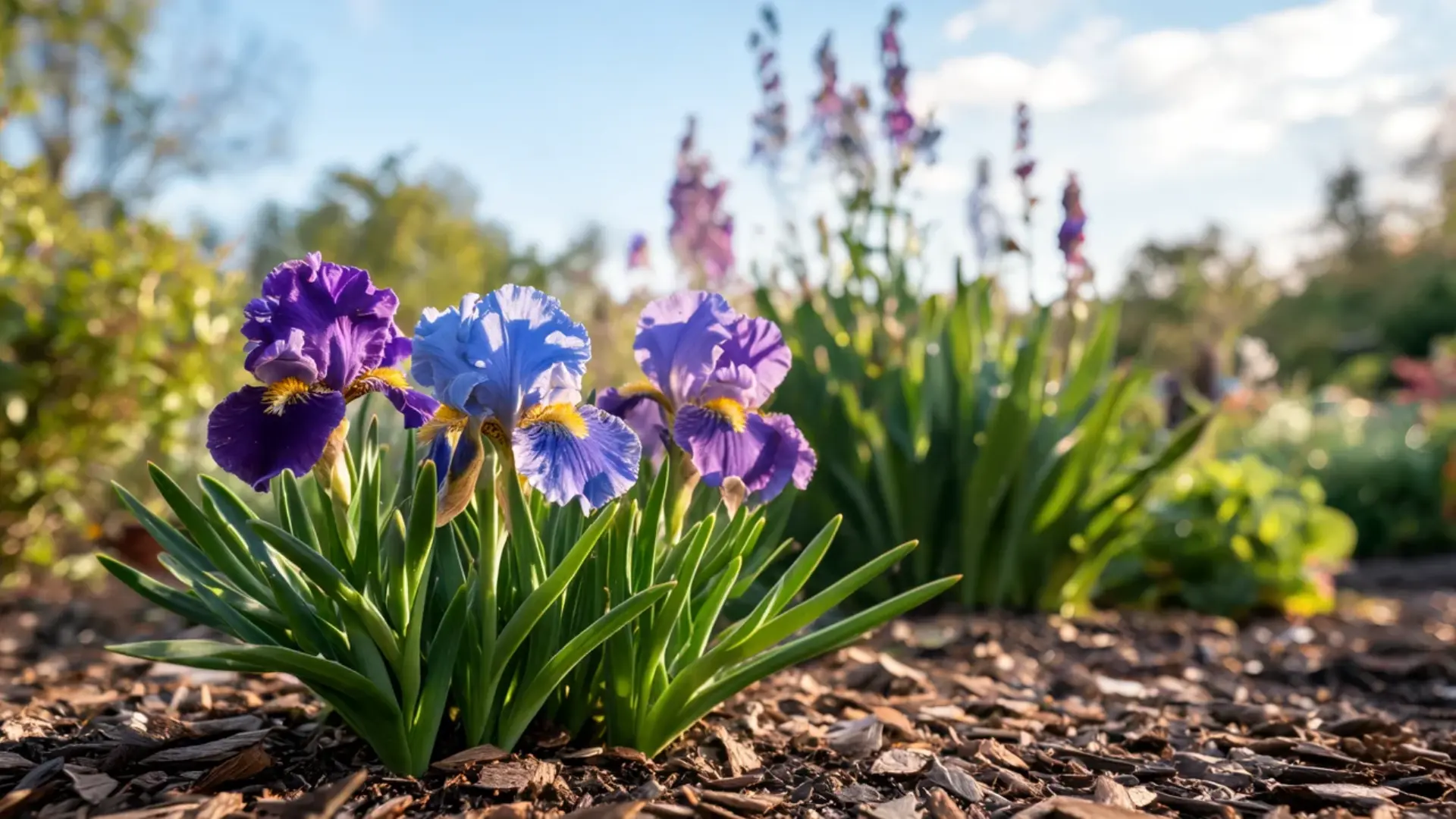 dwarf bearded iris with ruffled purple petals blooming low among narrow upright sword shaped leaves