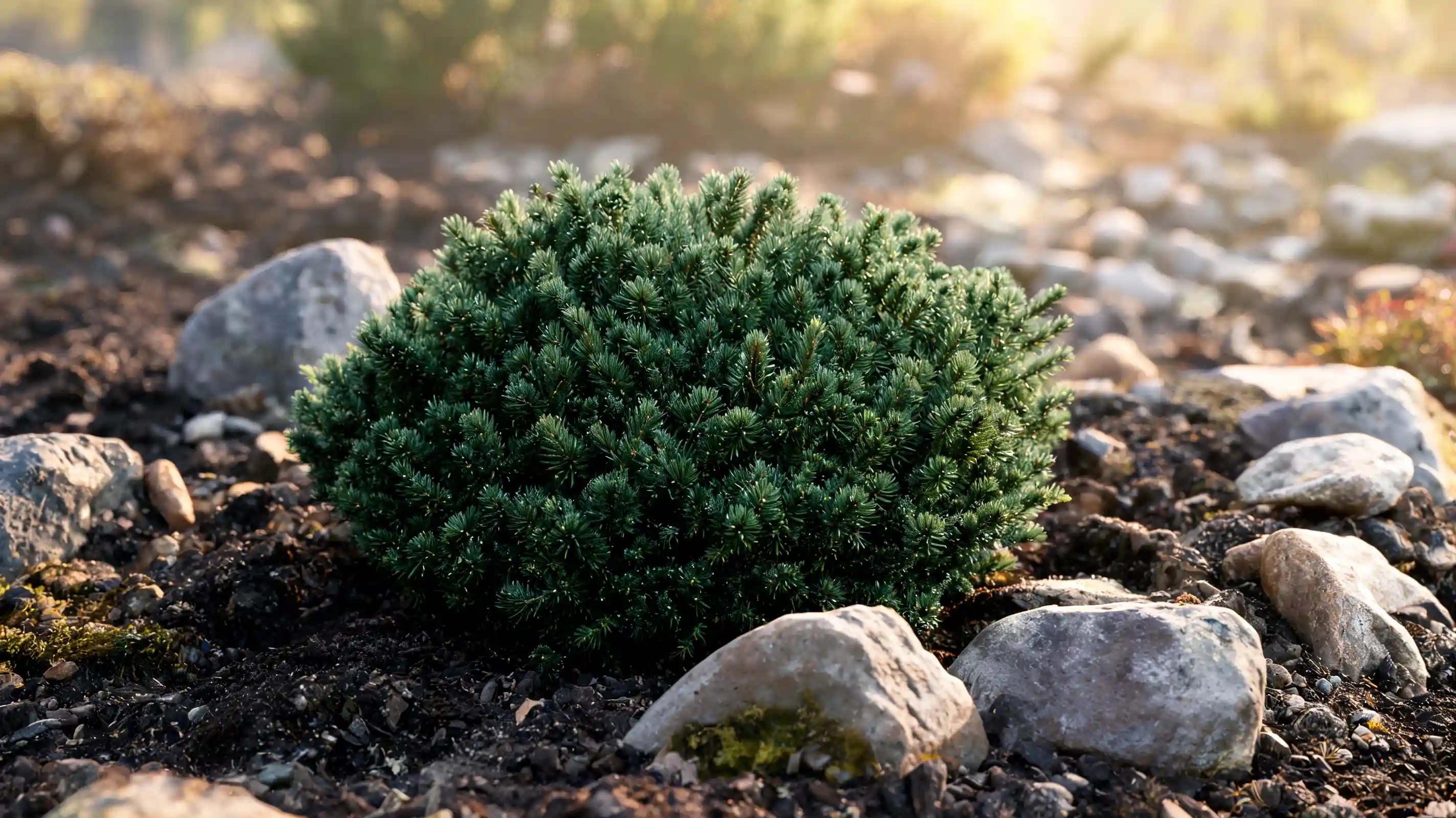 low dwarf black spruce with dense green needles forming a rounded mound among rocks in a small garden