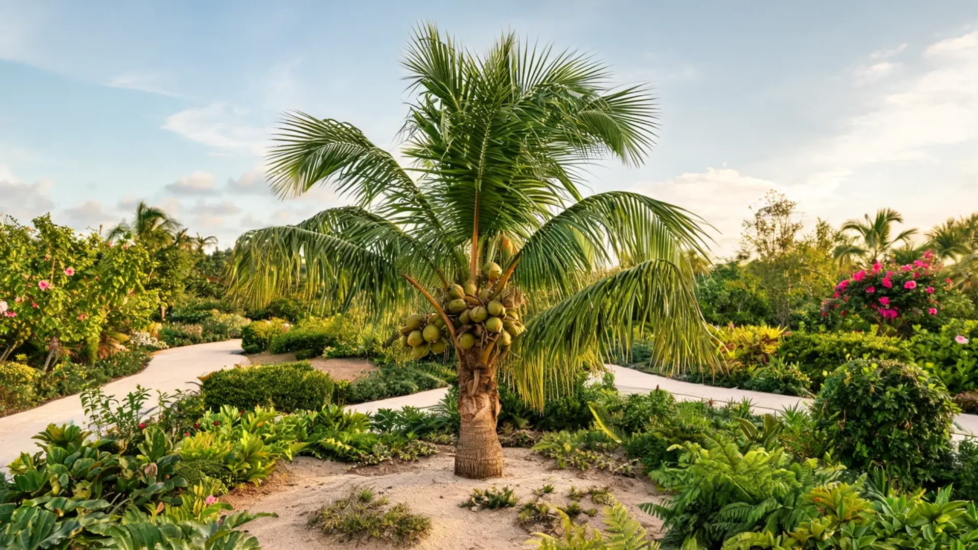 dwarf coconut palm with a noticeably short trunk and full crown of fronds in a tropical garden