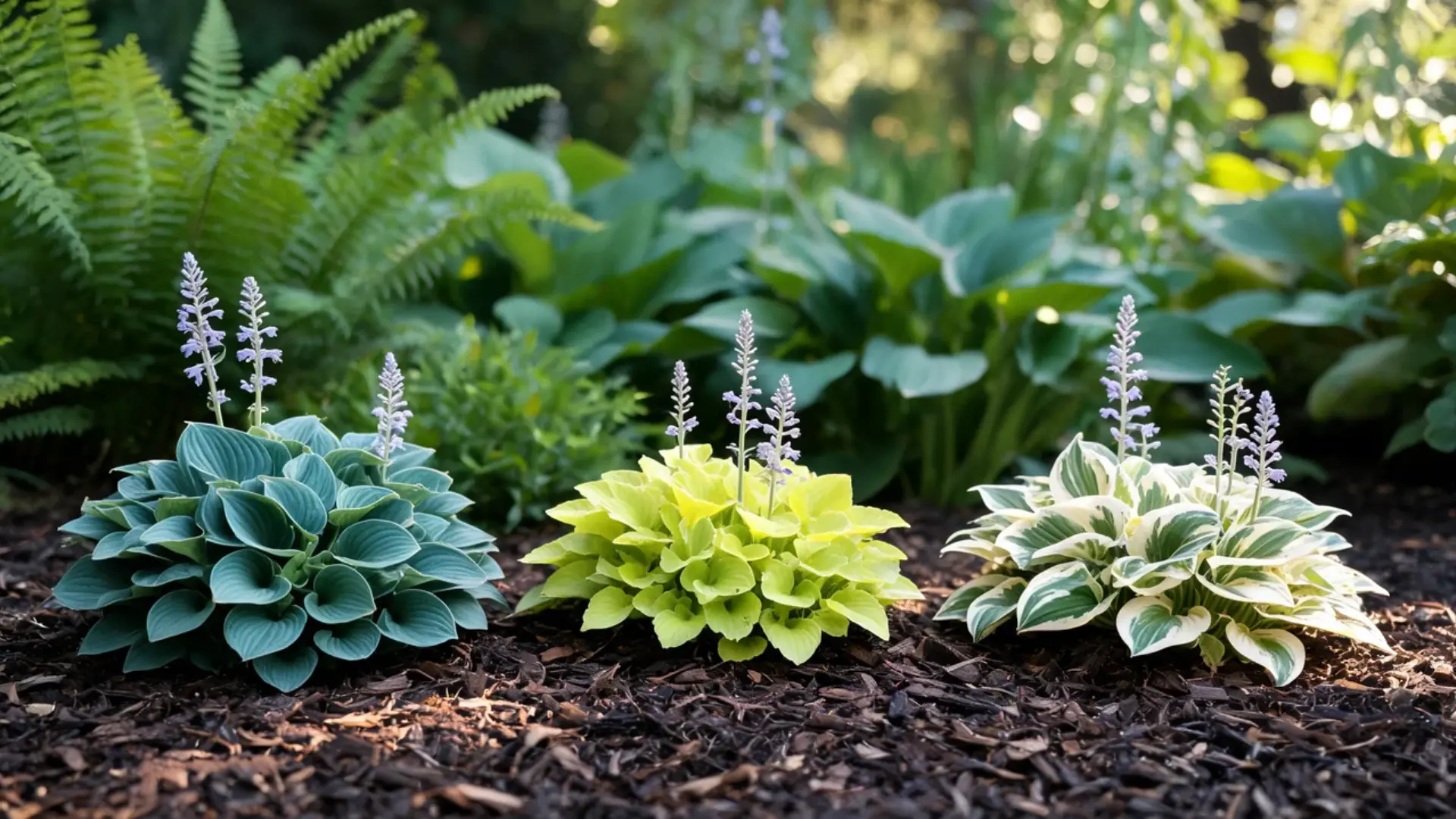 dwarf hostas forming a compact clump of blue green ribbed leaves in a shaded garden border