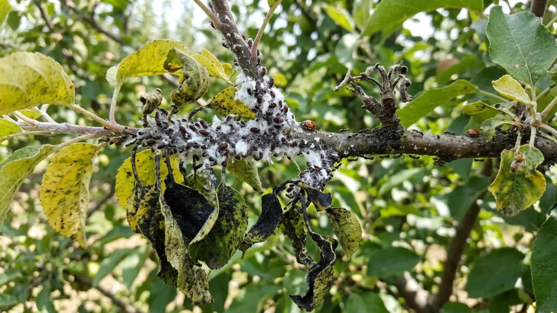 close-up of fuzzy white woolly aphid clusters coating a stem during an early infestation