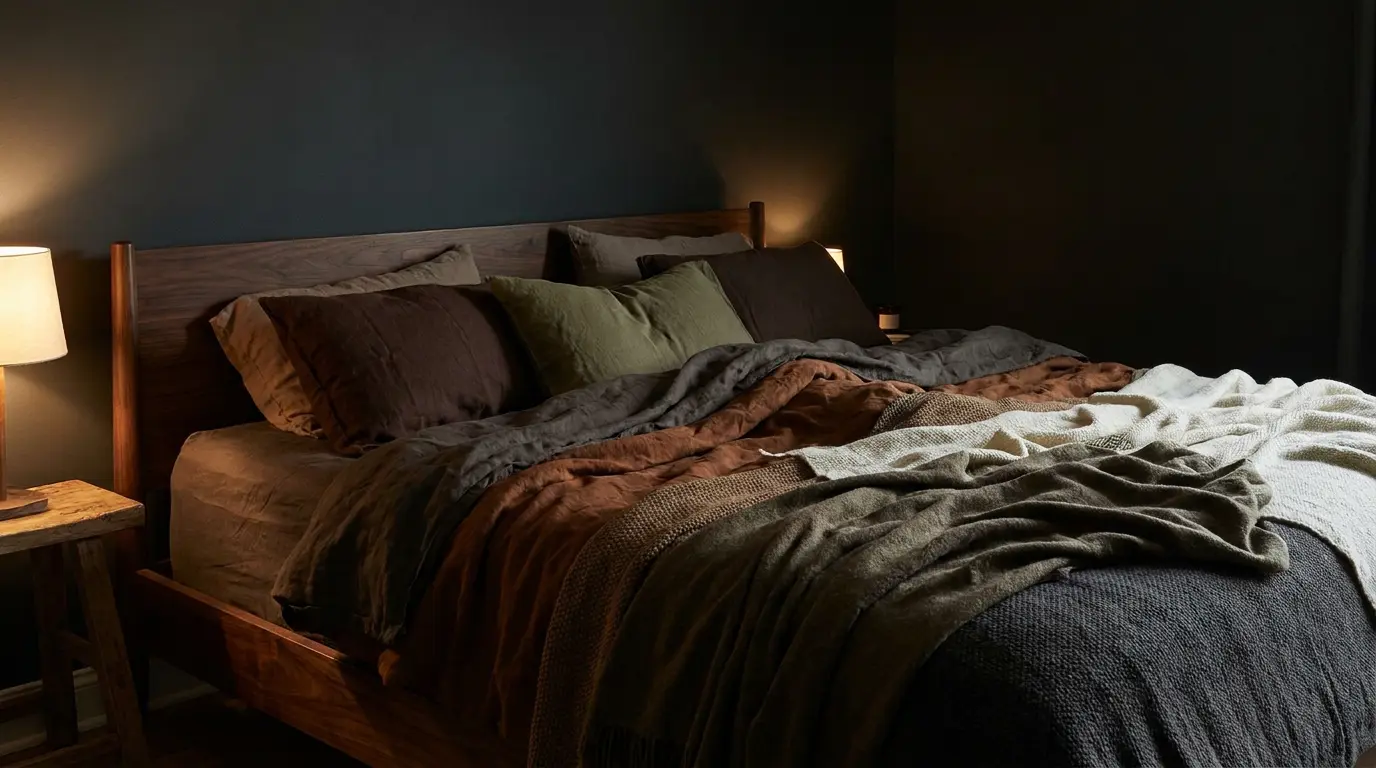 earth tone bedding with chocolate brown rust olive cream layers and dark wood bed frame