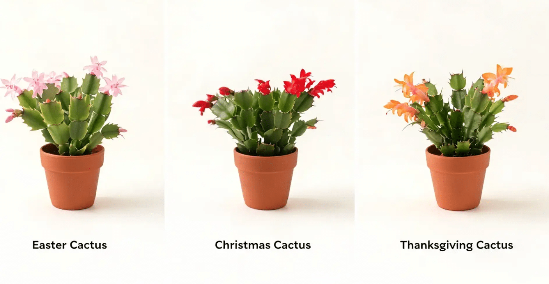 easter christmas and thanksgiving cacti compared by flower colors and stem shapes in matching clay pots