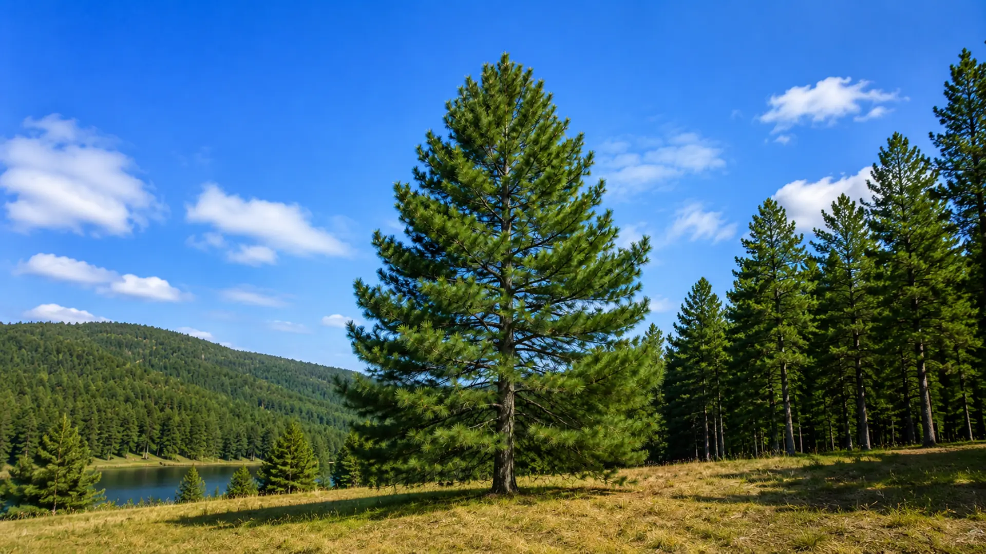 eastern white pine with soft bluish green needles in bundles of five and a tall graceful layered crown