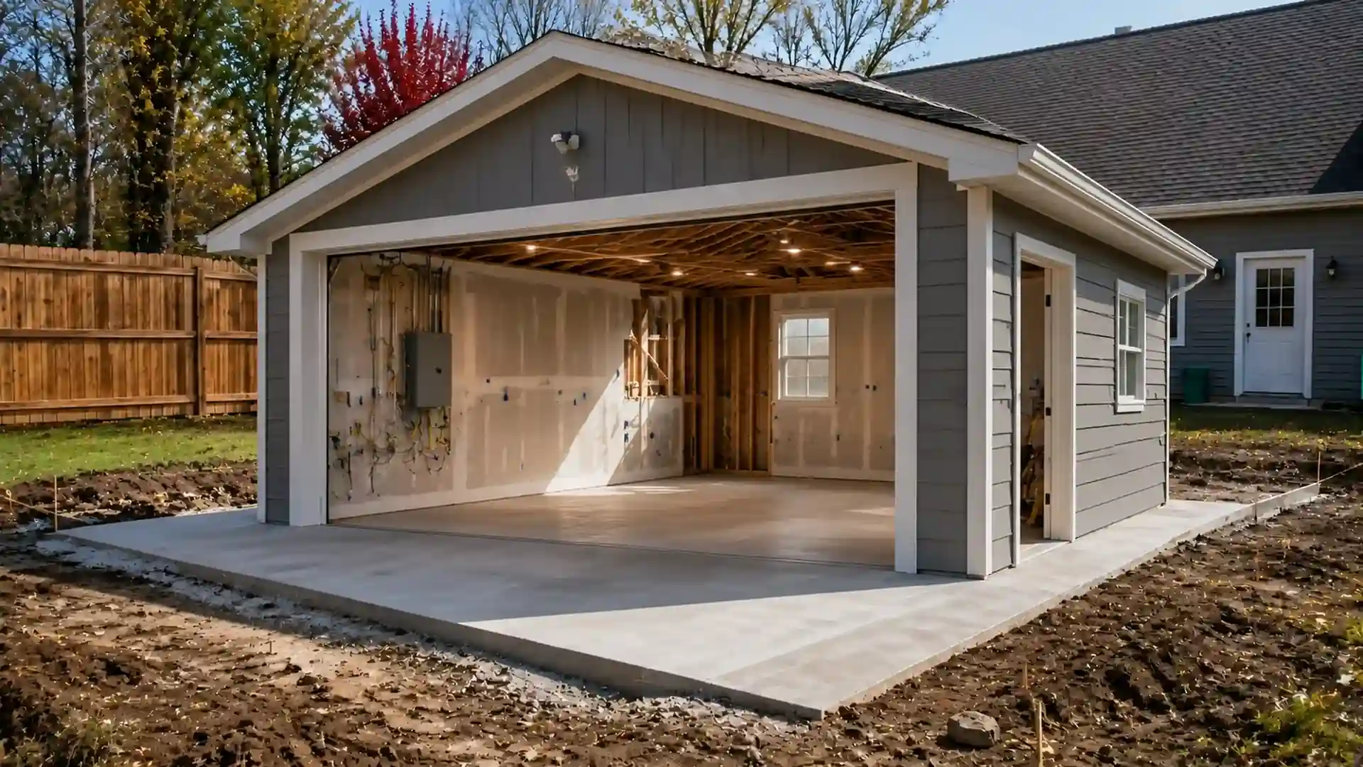 unfinished backyard garage with open doors showing electrical wiring and interior finishing work