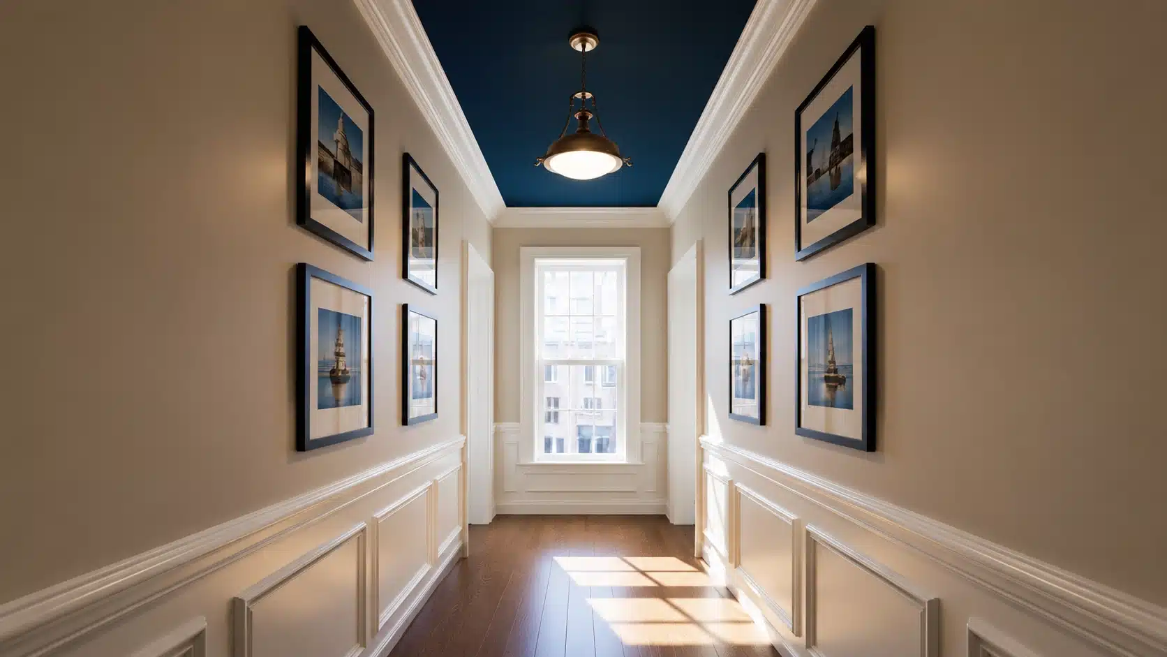 elegant hallway with dark blue painted ceiling white molding framed artwork and natural light from large window