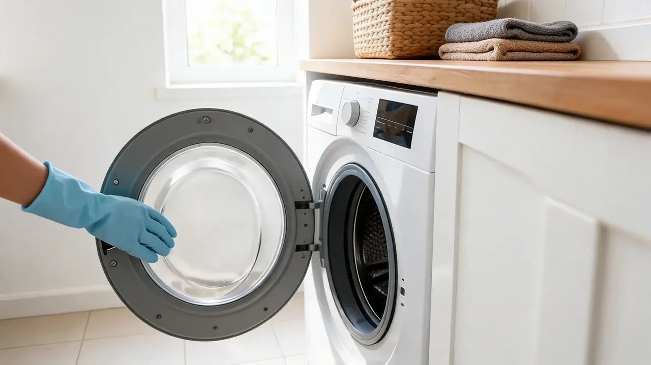 gloved hand reaching inside an empty washing machine drum to inspect the rubber door gasket