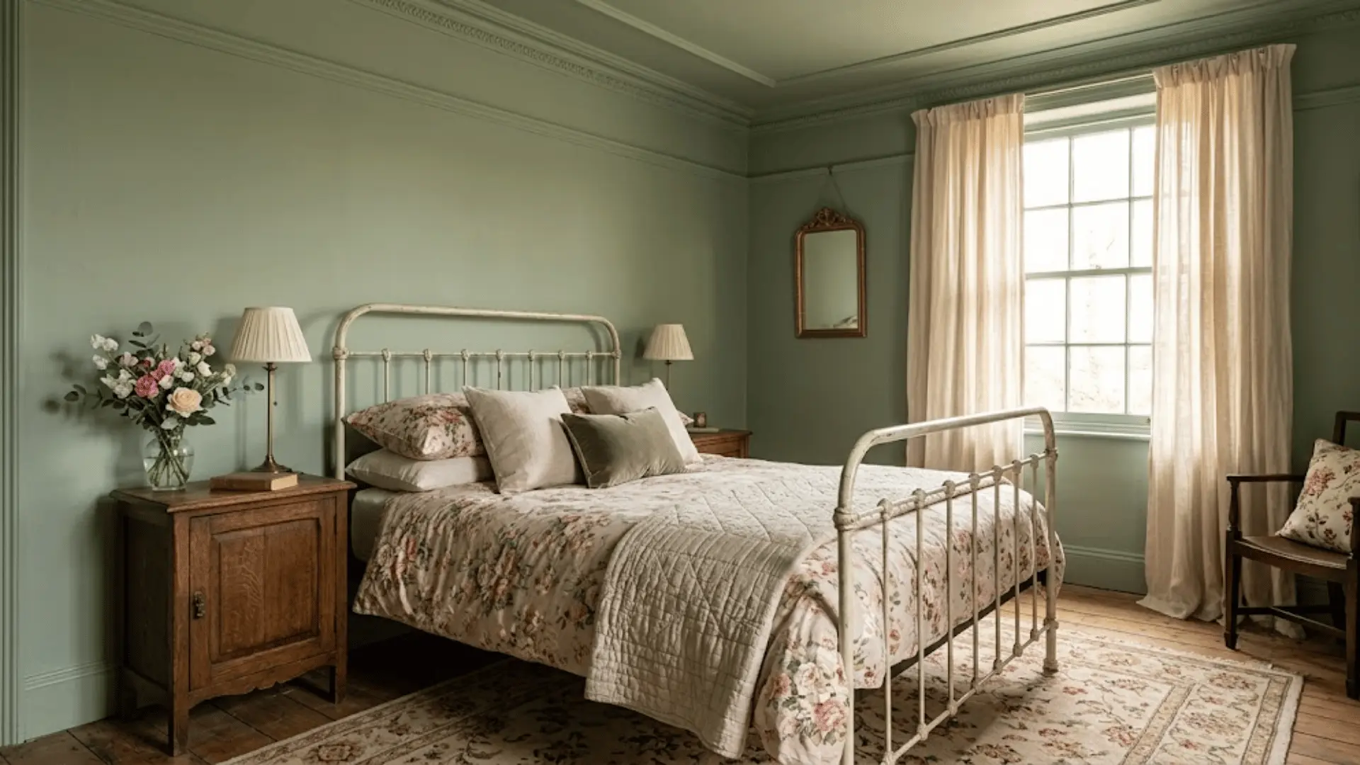 english country bedroom color drenched in sage green with floral bedding and florals