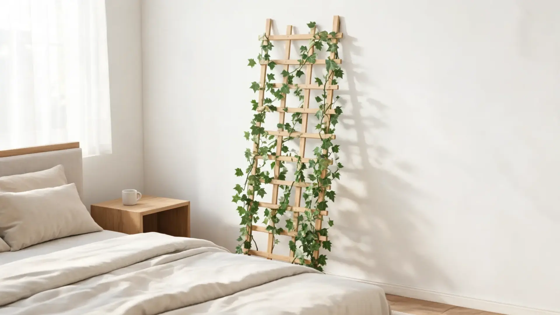 english ivy climbing a wooden trellis beside a neatly made bed in a bright minimalist bedroom