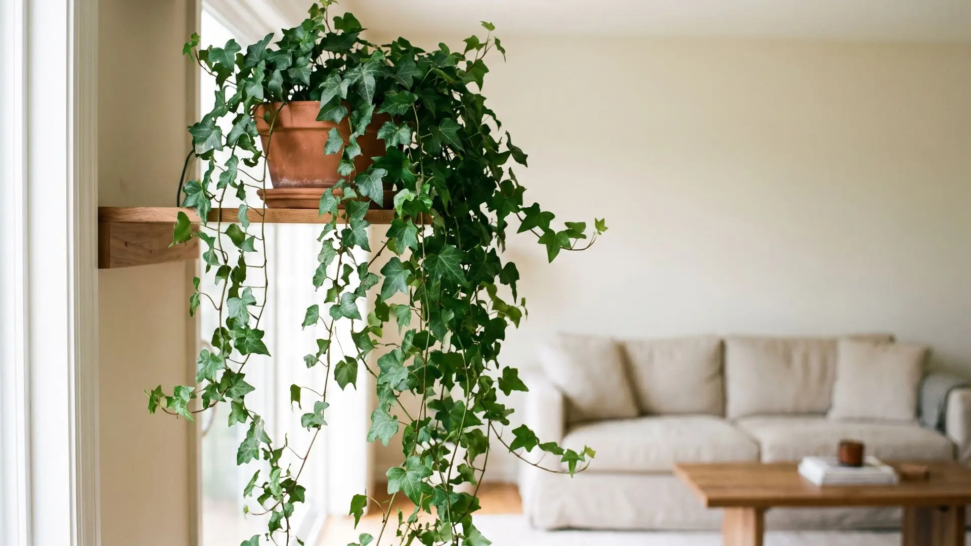 trailing english ivy spilling from a terracotta pot on a high shelf in a bright modern living room
