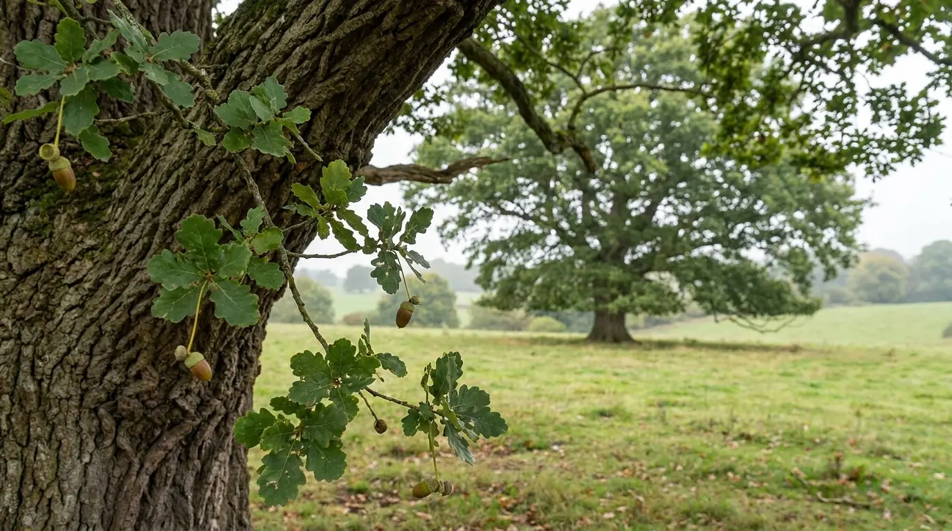 english oak with rounded leaves ridged bark and stalked acorns